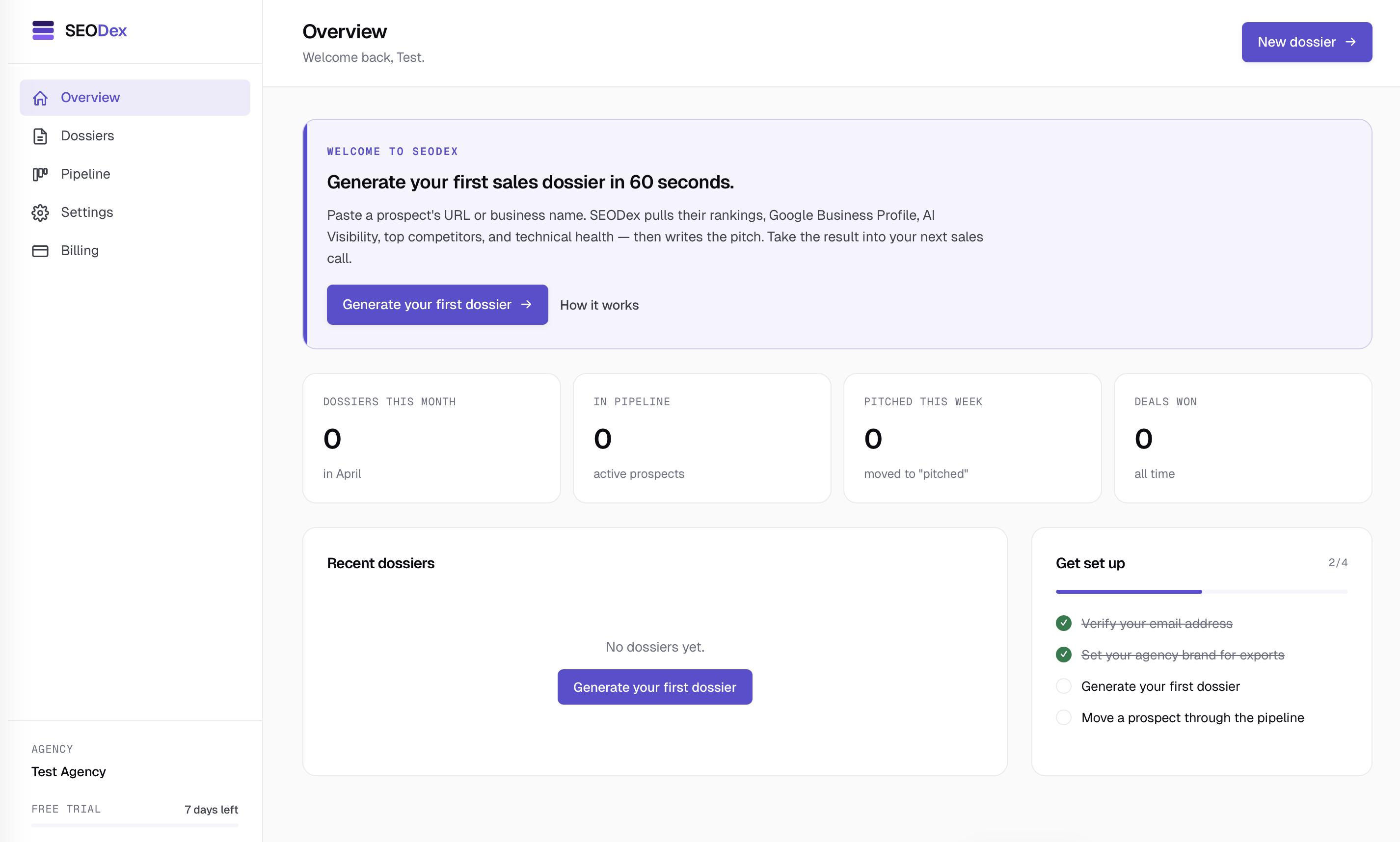 The SEODex dashboard right after signup, with no dossiers yet