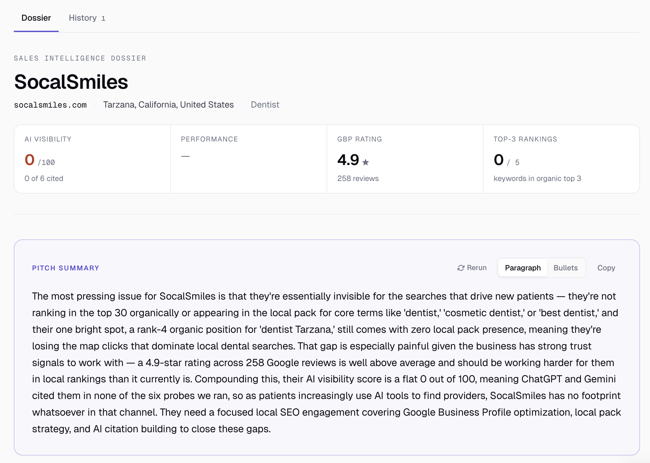 A finished SEODex dossier showing the scorecard header and pitch summary