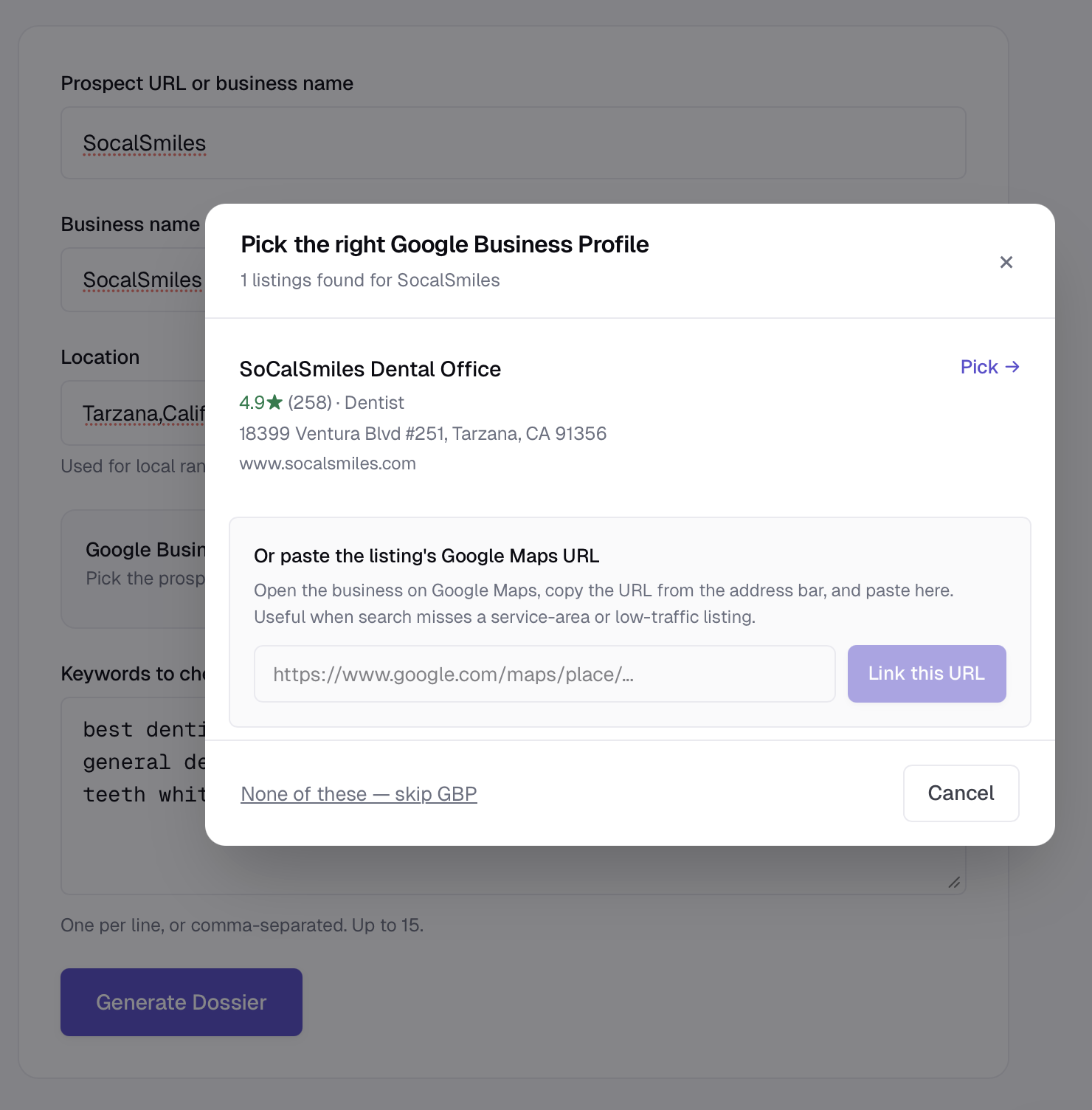 The GBP picker modal showing search results