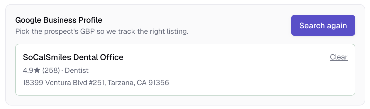 The attached GBP snapshot card showing the linked listing