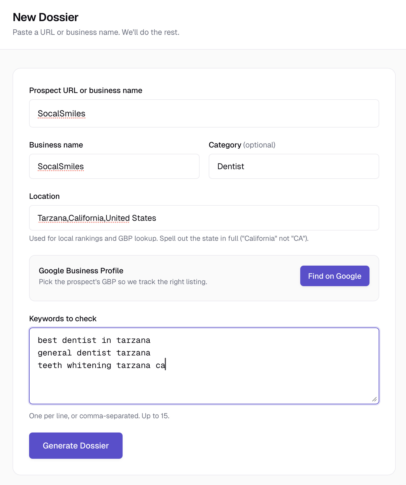 The new dossier form filled out with a sample prospect