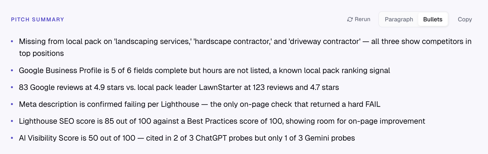 The pitch summary section with prose and bullet toggle